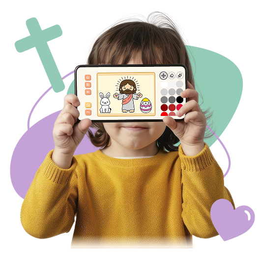 Criança com tablet mostrando o Liturgia Kids